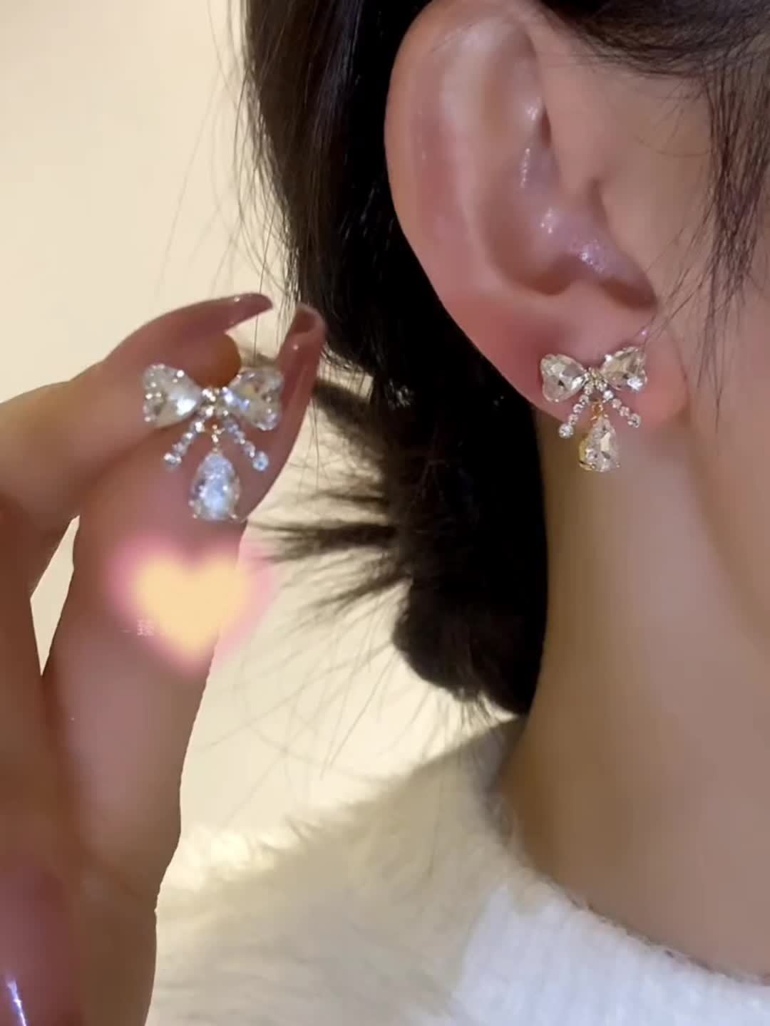 Bow & Water Drop Gemstone Earrings with Rhinestone Accents